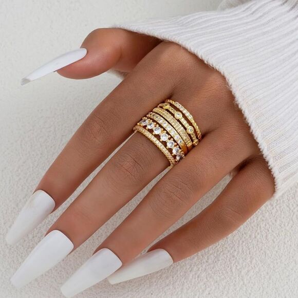 Gold 14k Gold Plated 6pc Cubic Zirconia Ring Set - Picture 1 of 3